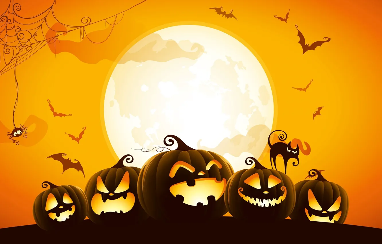 Photo wallpaper the moon, Halloween, pumpkin, bat, Halloween