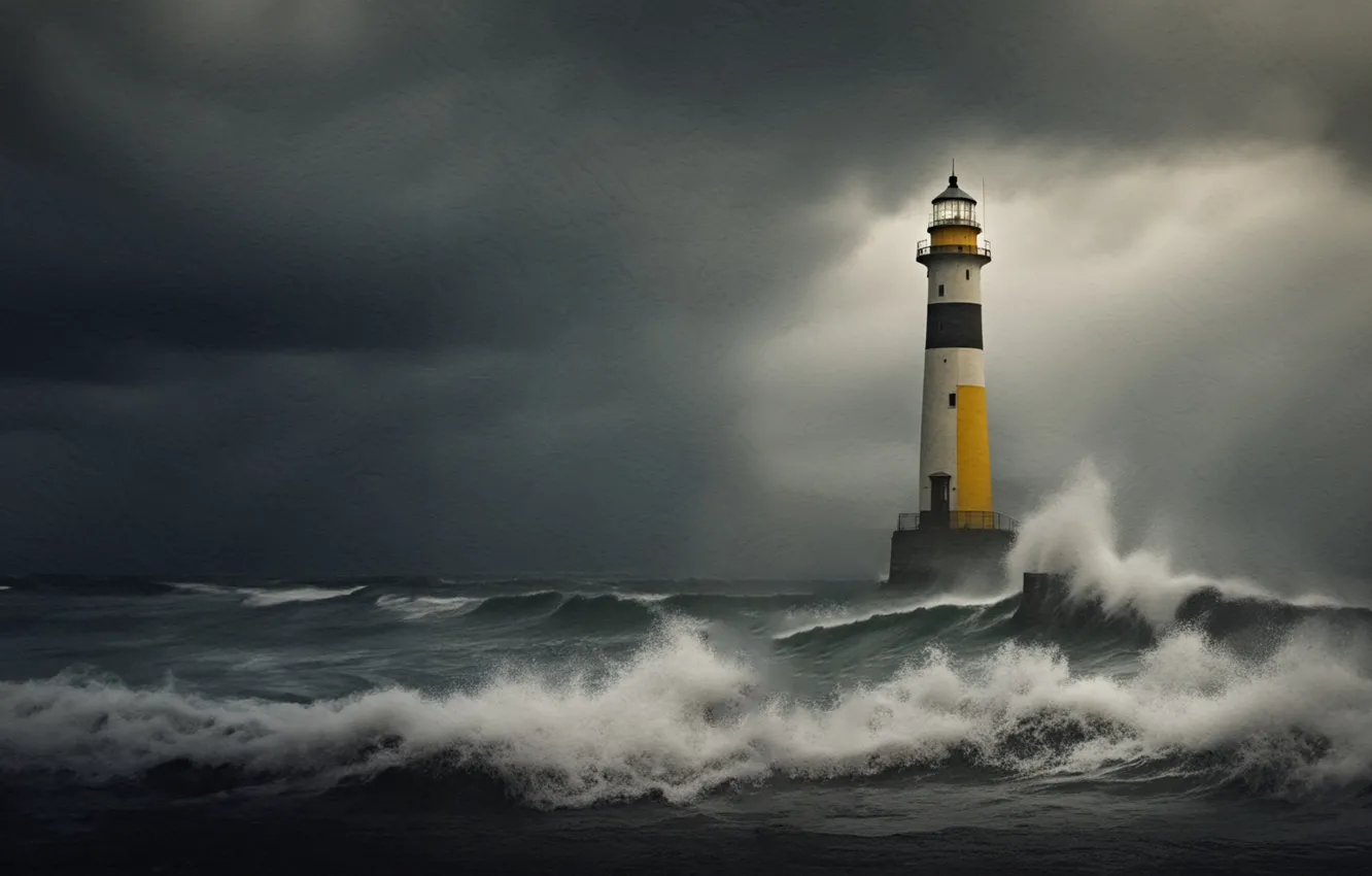Photo wallpaper sea, wave, AI art, lighthouse, shore, neural network