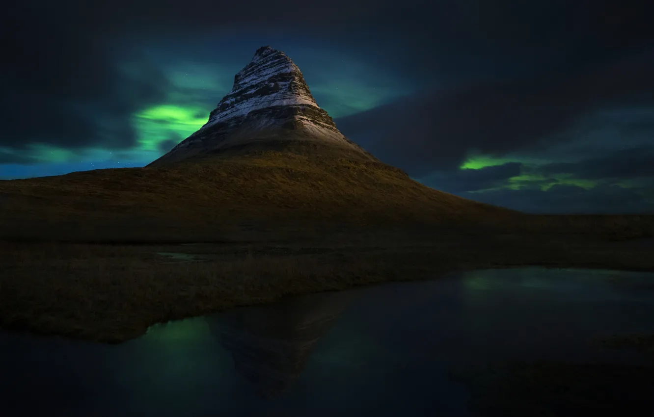 Photo wallpaper mountains, night, reflection, Northern lights, the volcano, Iceland, pond