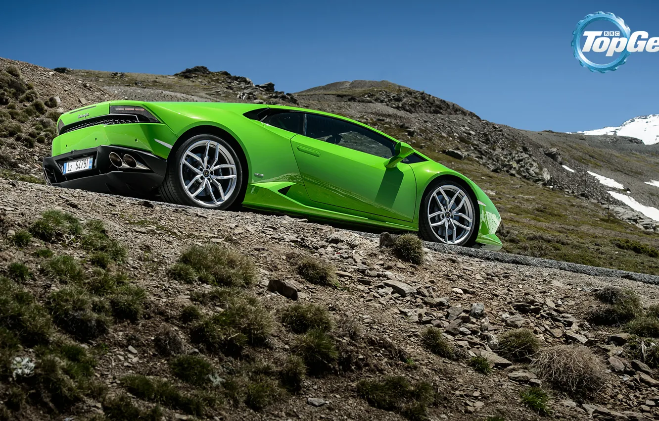 Photo wallpaper Lamborghini, Top Gear, Green, Supercar, Rear, Huracan, LP610-4, Mountain Road