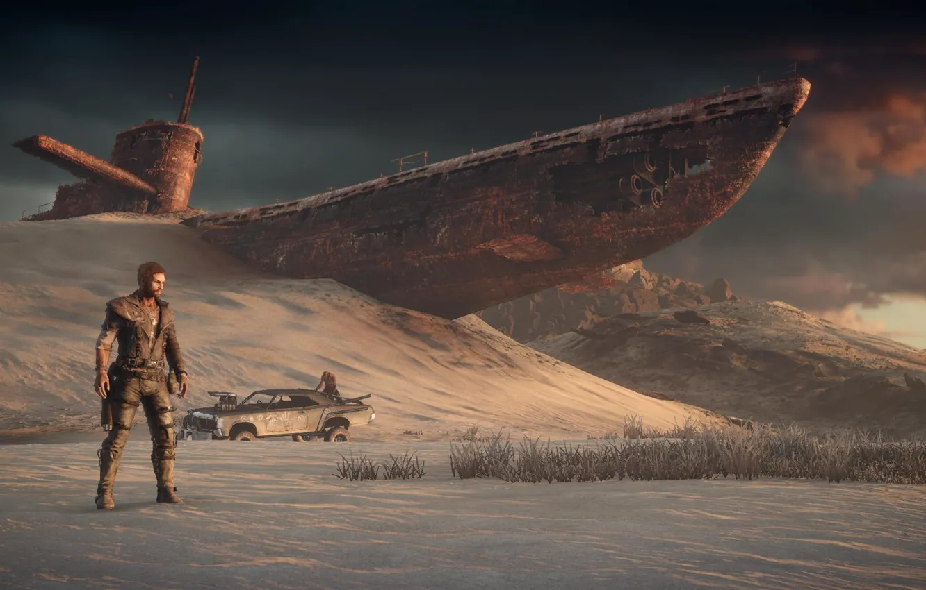 Photo wallpaper machine, ship, the skeleton, male, Mad Max, sand. dunes