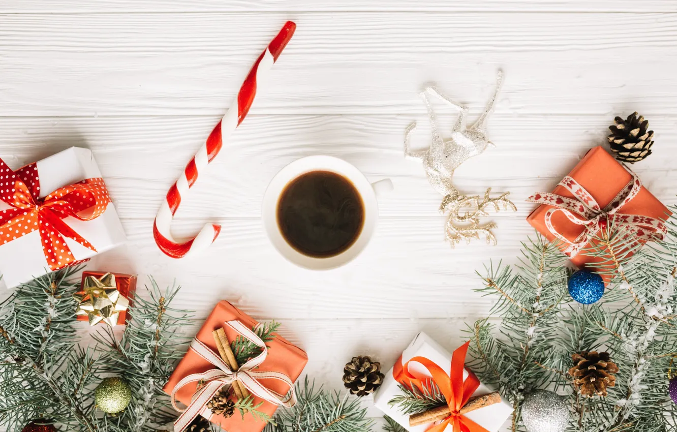 Photo wallpaper decoration, holiday, balls, new year, coffee, spruce, lollipops