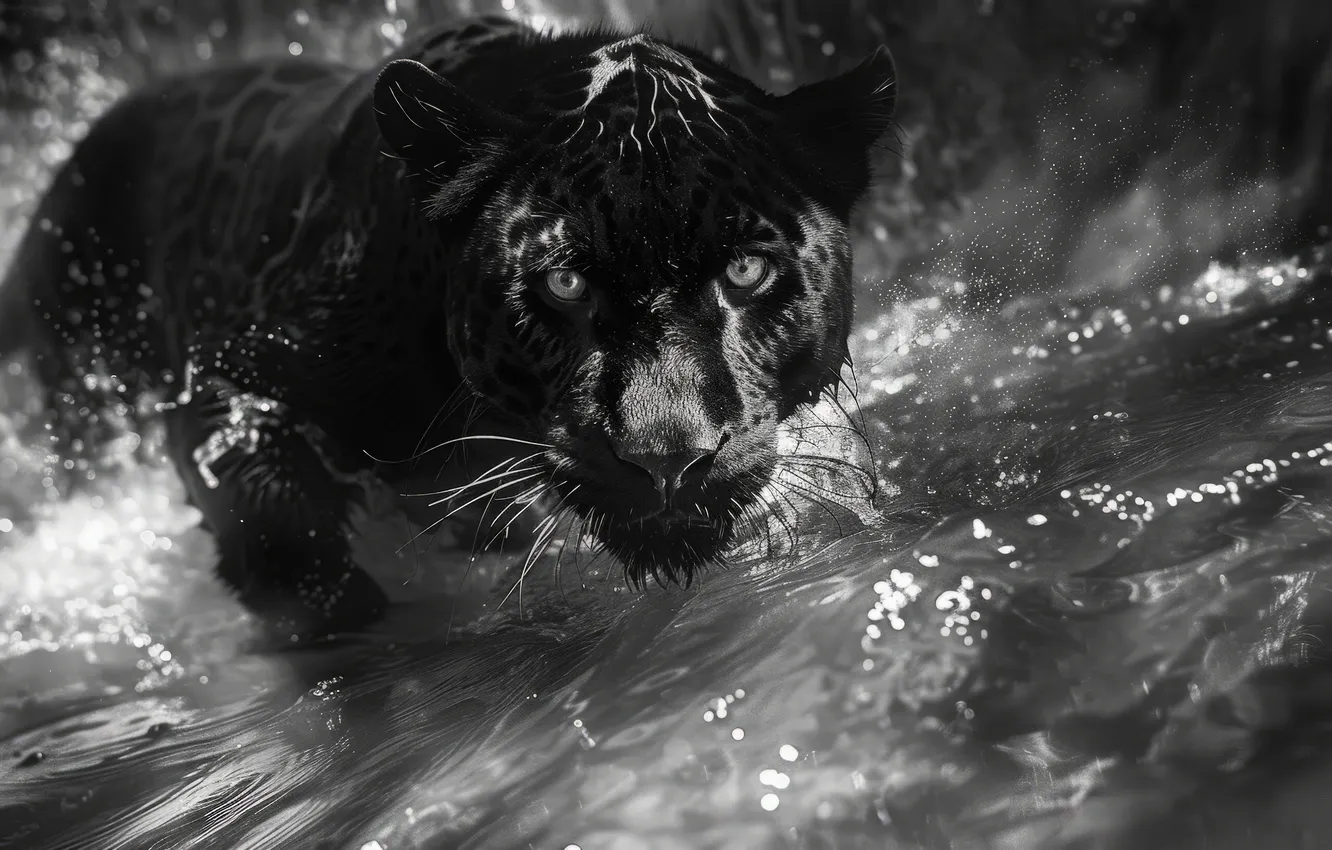 Photo wallpaper Water, Look, Panther, Face, Predator, Digital art, Black and white, Big cat