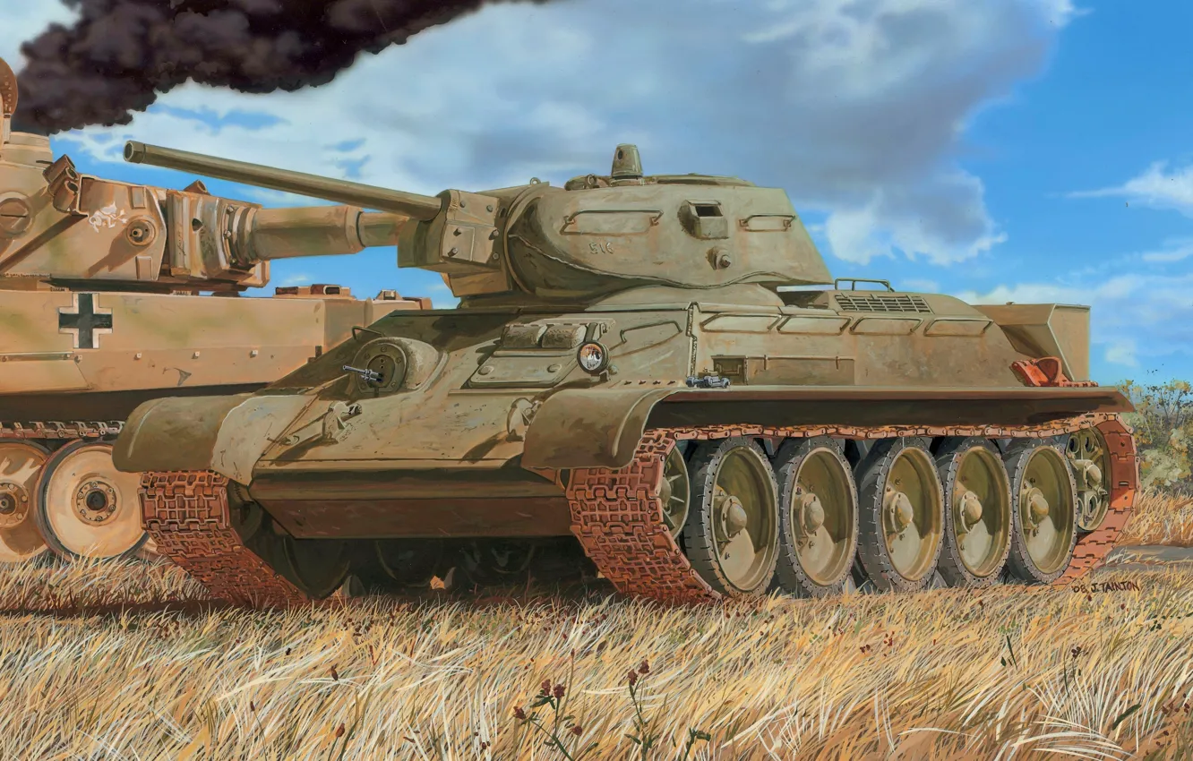 Photo wallpaper figure, The red army, medium tank, T-34/76, PzKpfw VI Tiger, s. SS-Pz.Dept.102