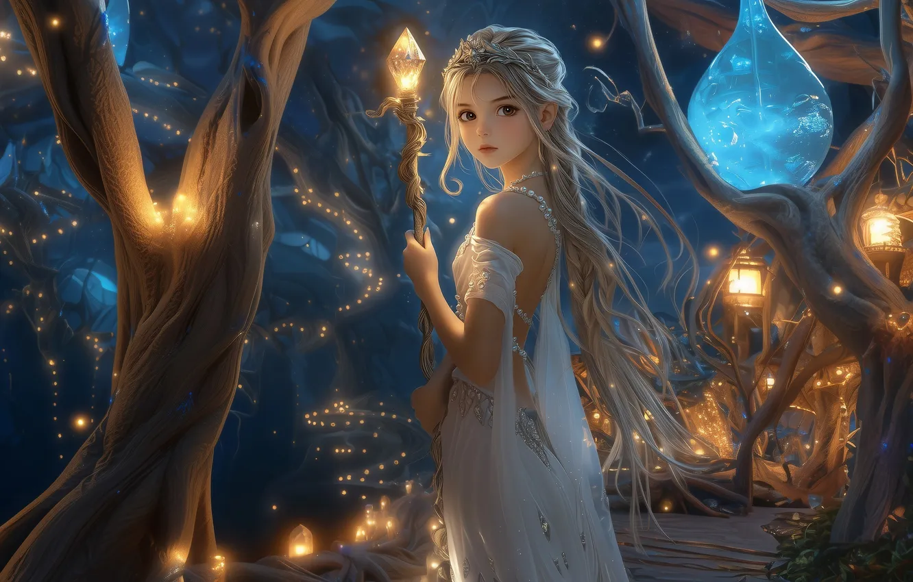 Photo wallpaper lights, girl, fantasy, magic, artwork, fantasy art, standing, sorceress