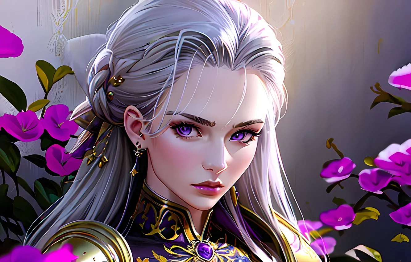 Photo wallpaper flowers, portrait, beautiful girlfriend again, lilac eyes, AI art, Stable Diffusion, Stability AI, curly hair