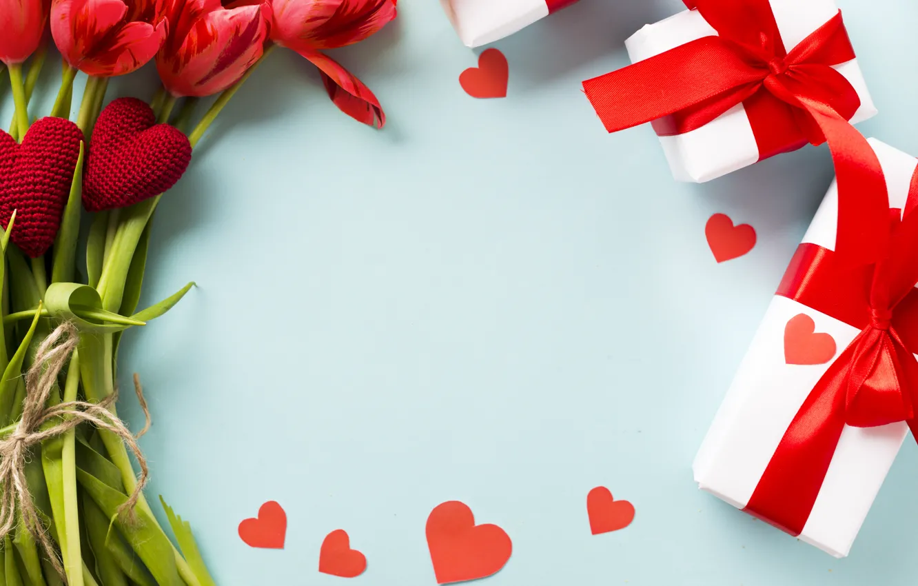 Photo wallpaper gift, flowers, Valentine's day, bouquet, hearts, love, tulips