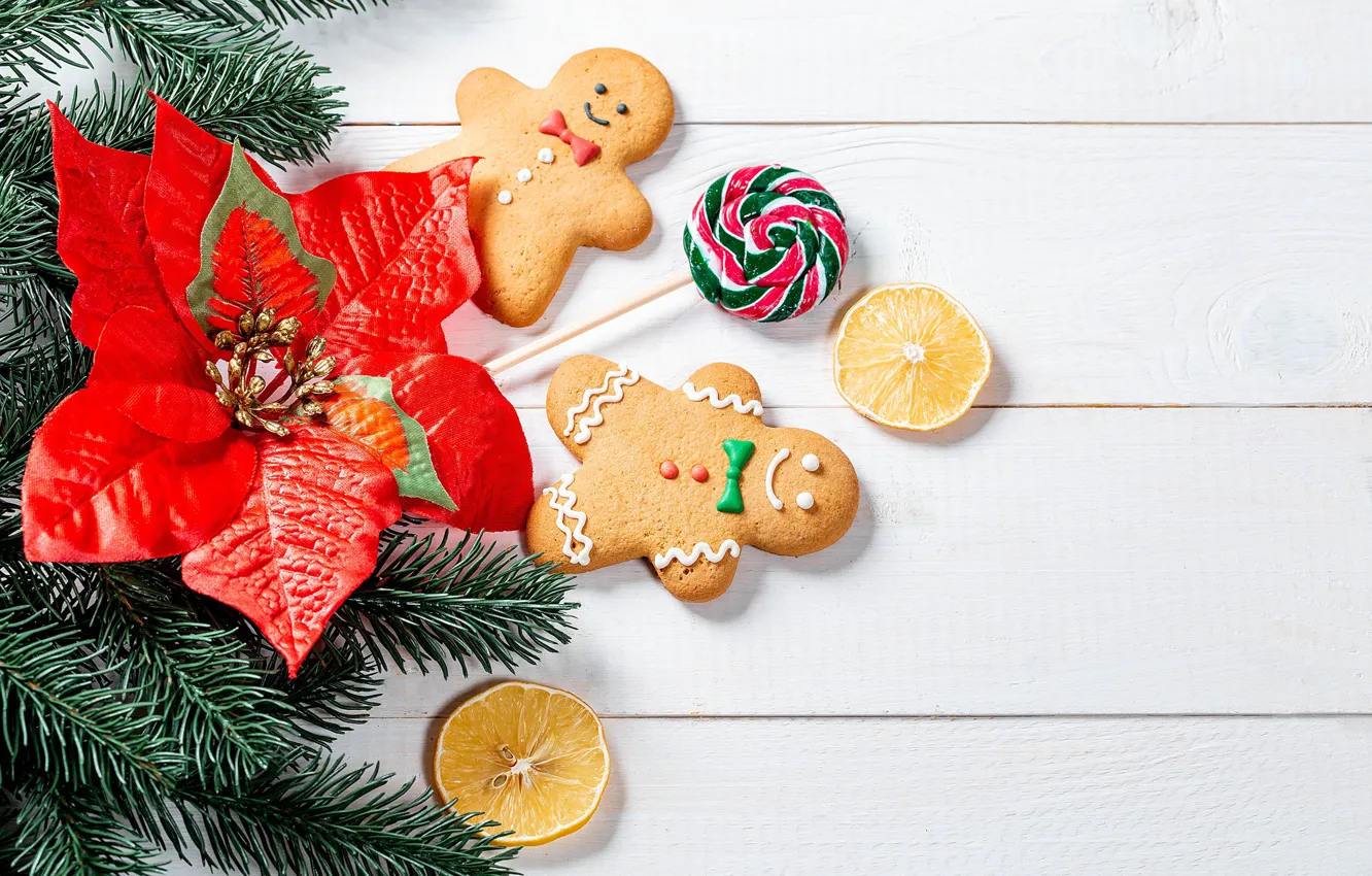 Photo wallpaper flowers, branches, new year, cookies, Christmas, lollipops, needles