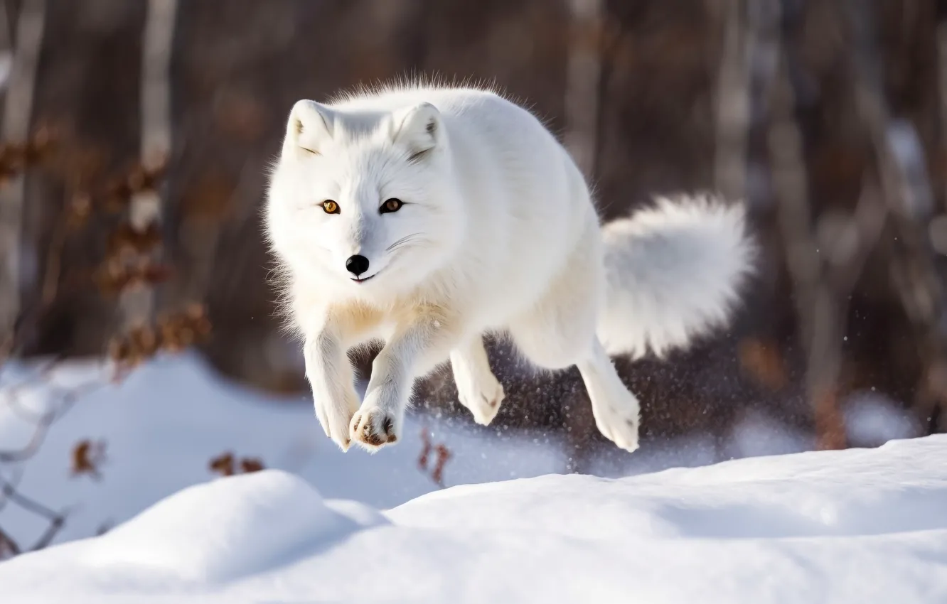 Photo wallpaper winter, forest, look, light, snow, nature, pose, jump