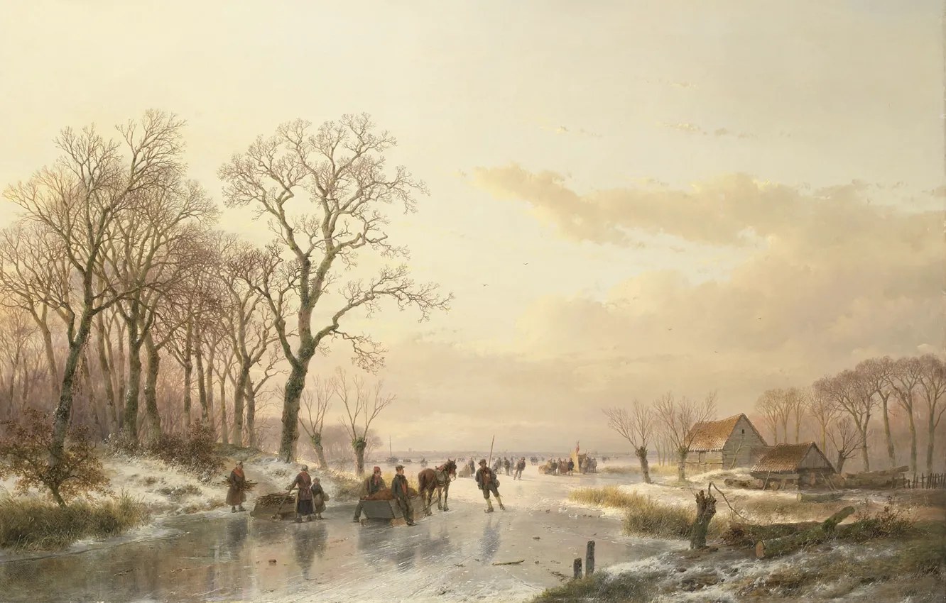 Photo wallpaper landscape, oil, picture, canvas, Andreas Schelfhout, Frozen River Maas