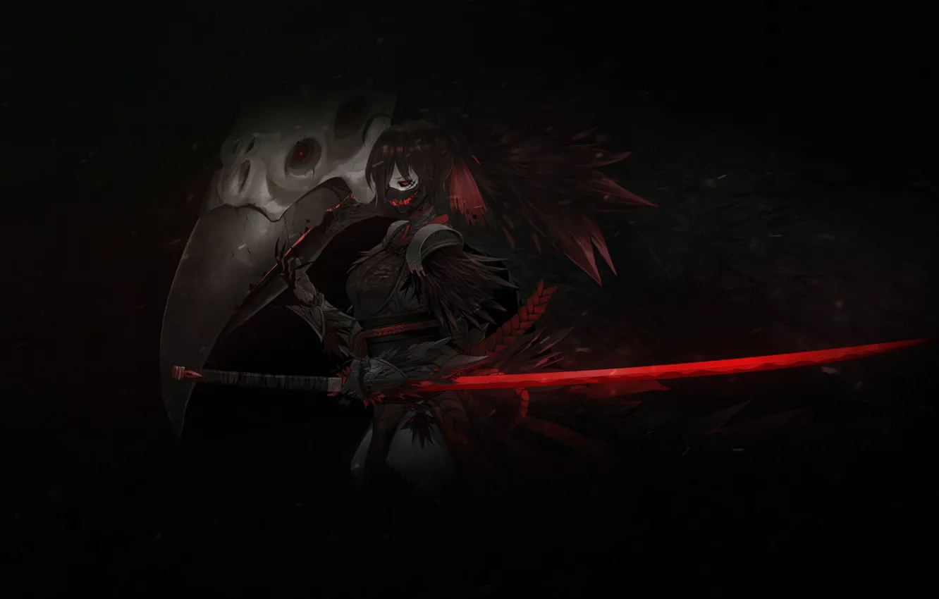 Photo wallpaper girl, death, fiction, darkness, bird, skull, sword, katana