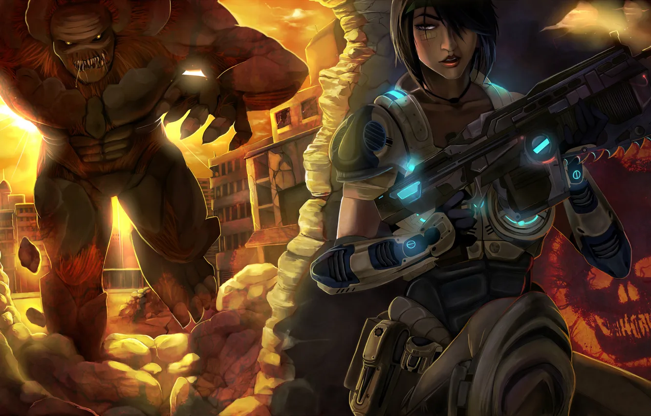 Photo wallpaper girl, weapons, monster, fighter, Gears of War