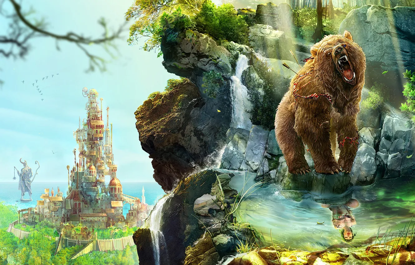 Photo wallpaper mountains, the city, reflection, waterfall, bear, mouth, arrows, roar