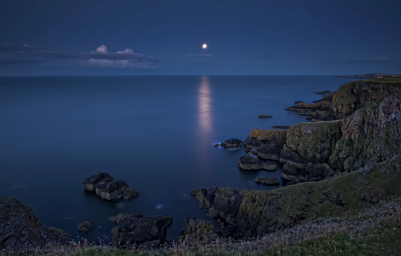 Photo wallpaper sea, rocks, the moon, coast, Scotland, water surface, Scotland, North sea