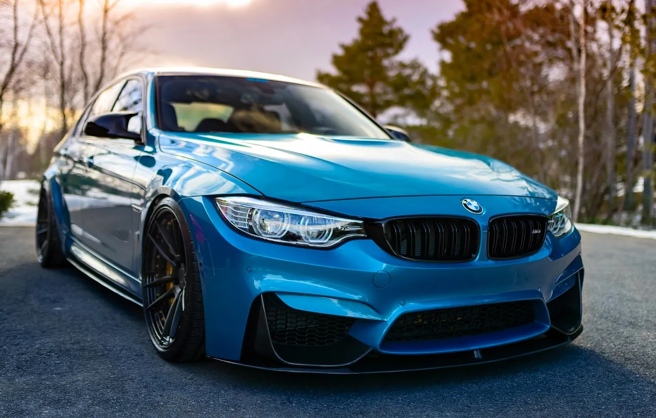 Photo wallpaper autumn, snow, trees, blue, BMW, Playground, BMW M3.