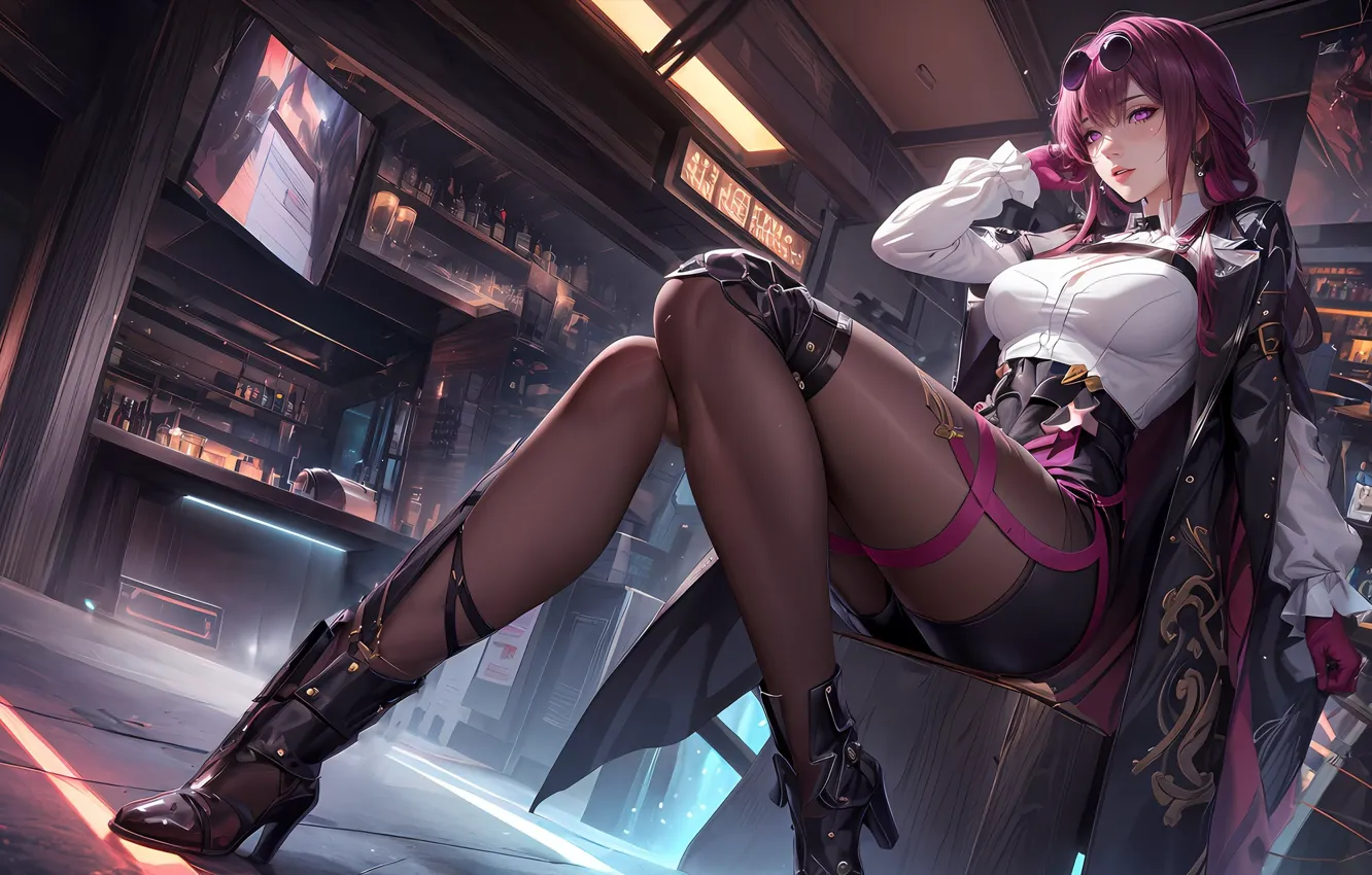 Photo wallpaper girl, bar, TV, glasses, gloves, tights, beautiful, sitting