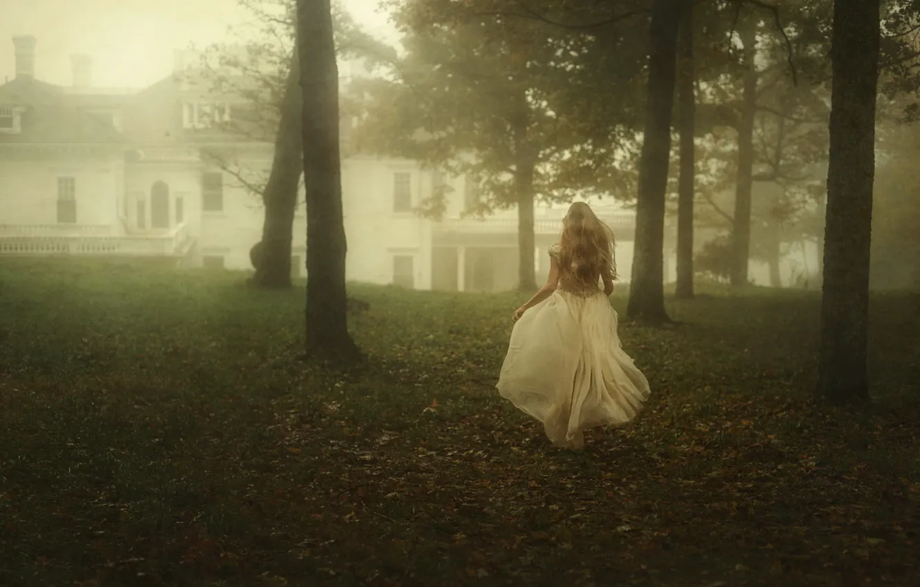 Photo wallpaper autumn, grass, girl, trees, landscape, nature, pose, fog