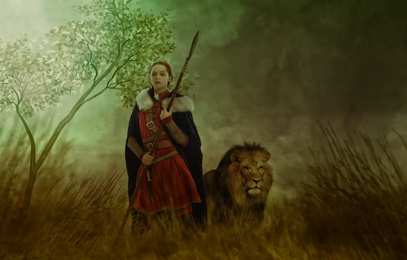 Photo wallpaper girl, tree, Leo, warrior, spear