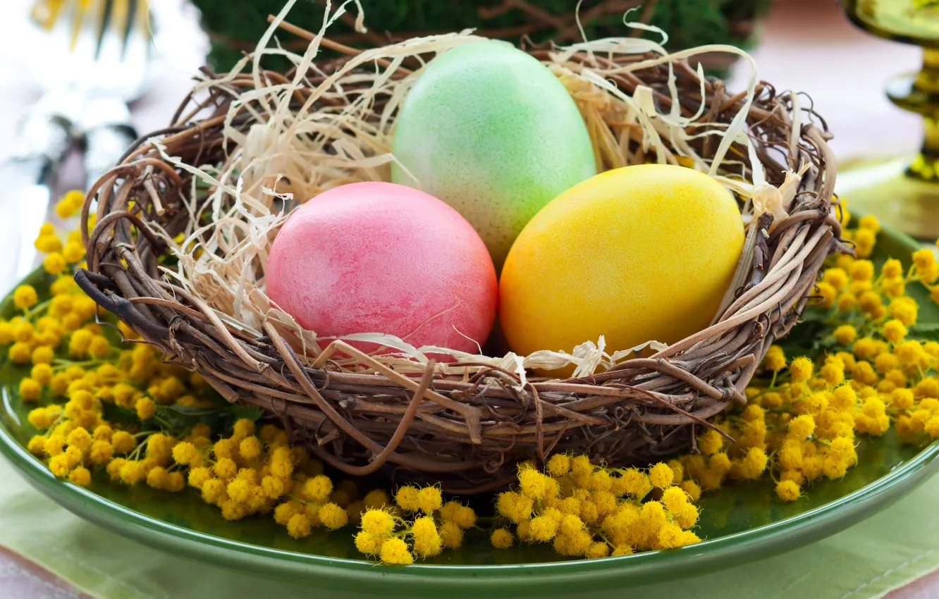 Photo wallpaper flowers, holiday, eggs, Easter, socket, yellow, yellow, flowers