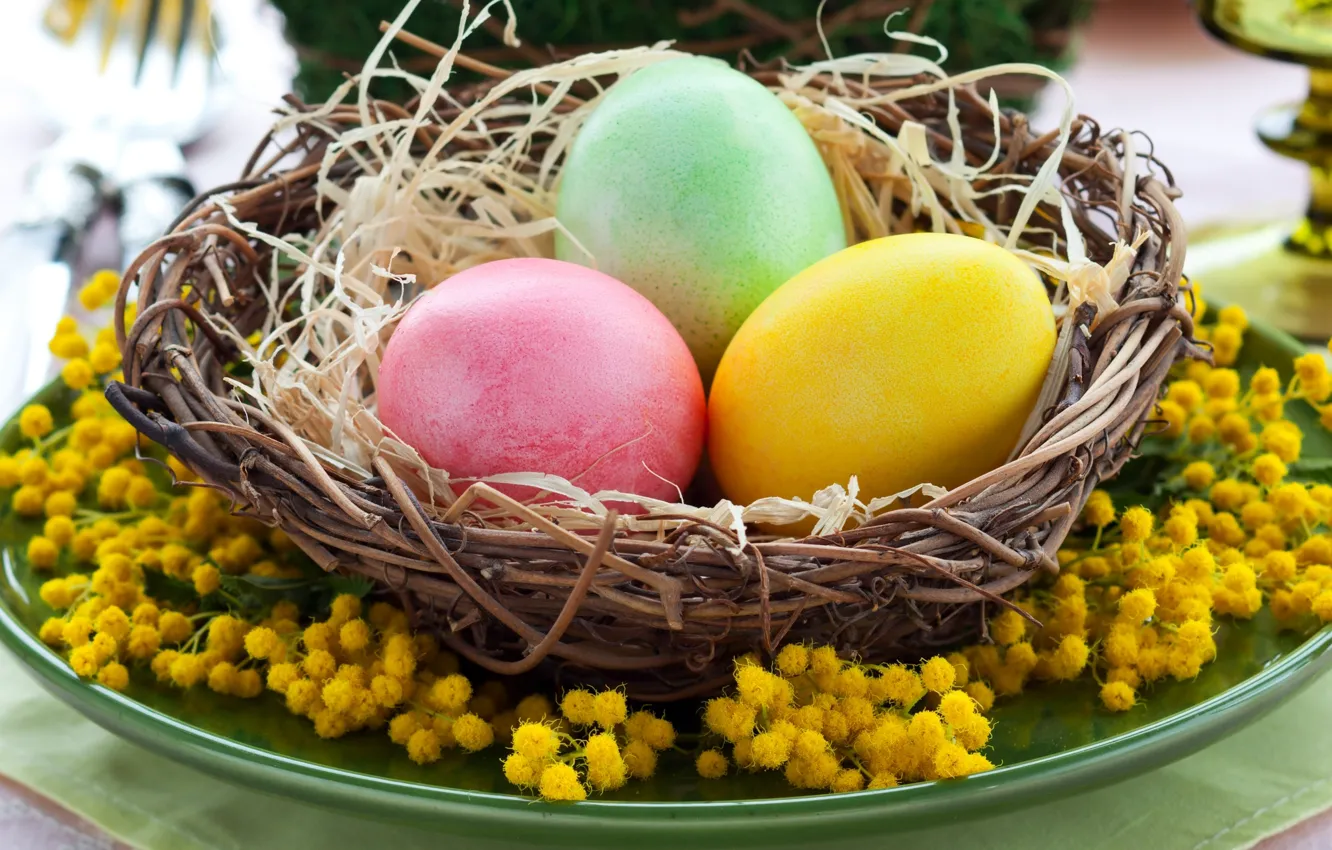 Photo wallpaper flowers, yellow, holiday, eggs, Easter, socket, yellow, flowers