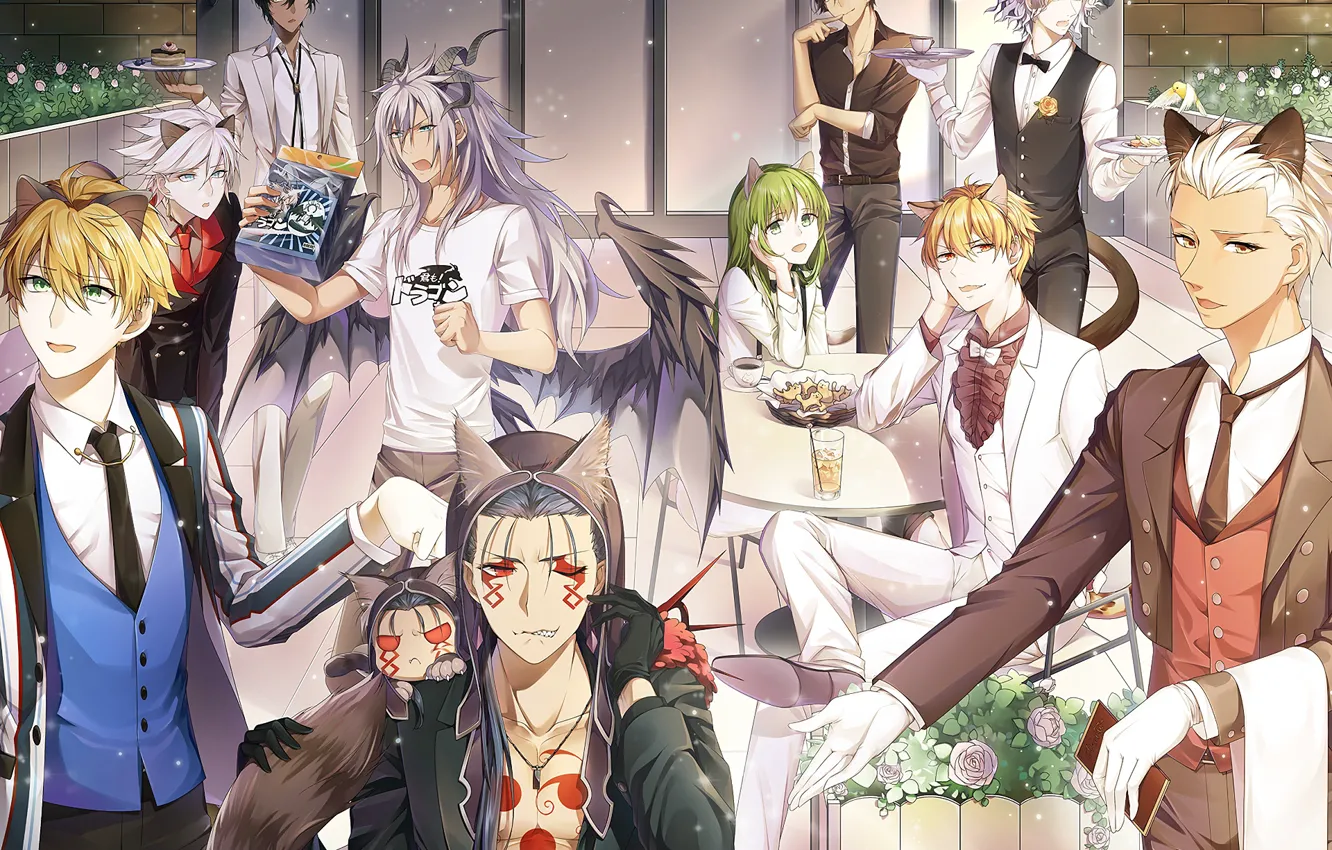 Photo wallpaper anime, cafe, horns, guy, ears, Fate/Grand Order