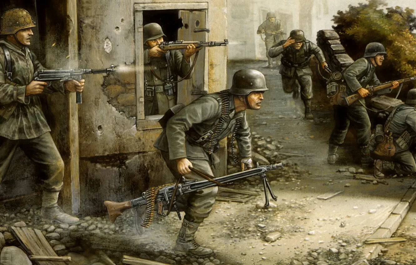 Photo wallpaper war, figure, battle, soldiers, the Germans, flames of war, run