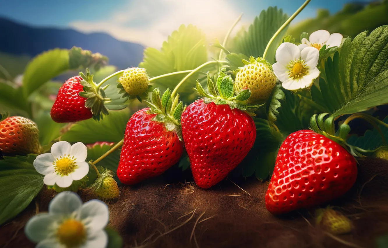 Photo wallpaper summer, leaves, flowers, berries, garden, strawberry, the beds, flowering