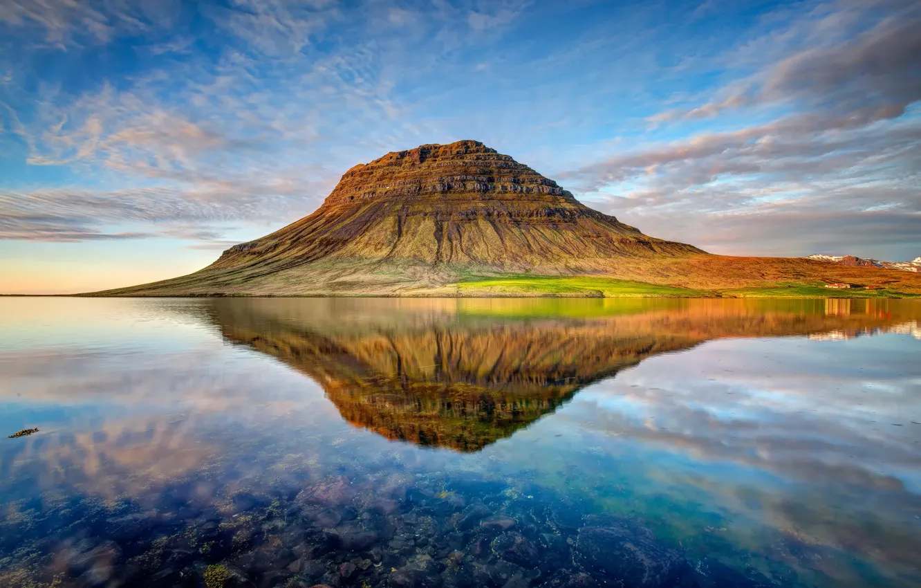 Photo wallpaper clouds, sunset, mountains, nature, lake, reflection, the volcano, Iceland