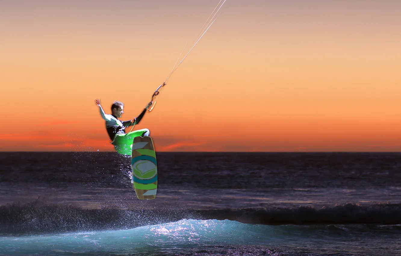 Photo wallpaper sea, wave, light, sunset, horizon, extreme sports, kitesurfing, Kiteboard
