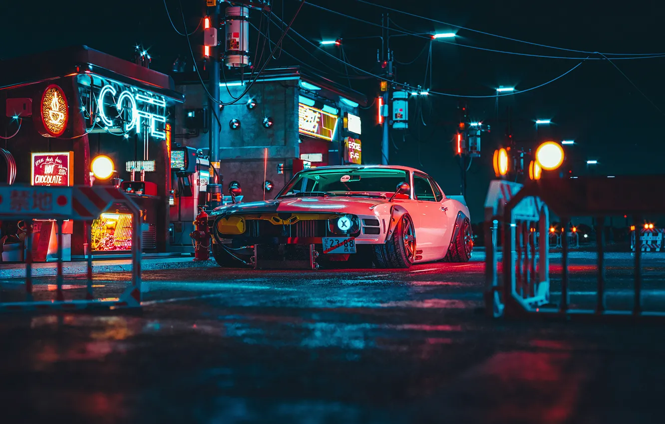 Photo wallpaper Auto, Night, The city, Neon, Machine, City, Car, Ford Mustang