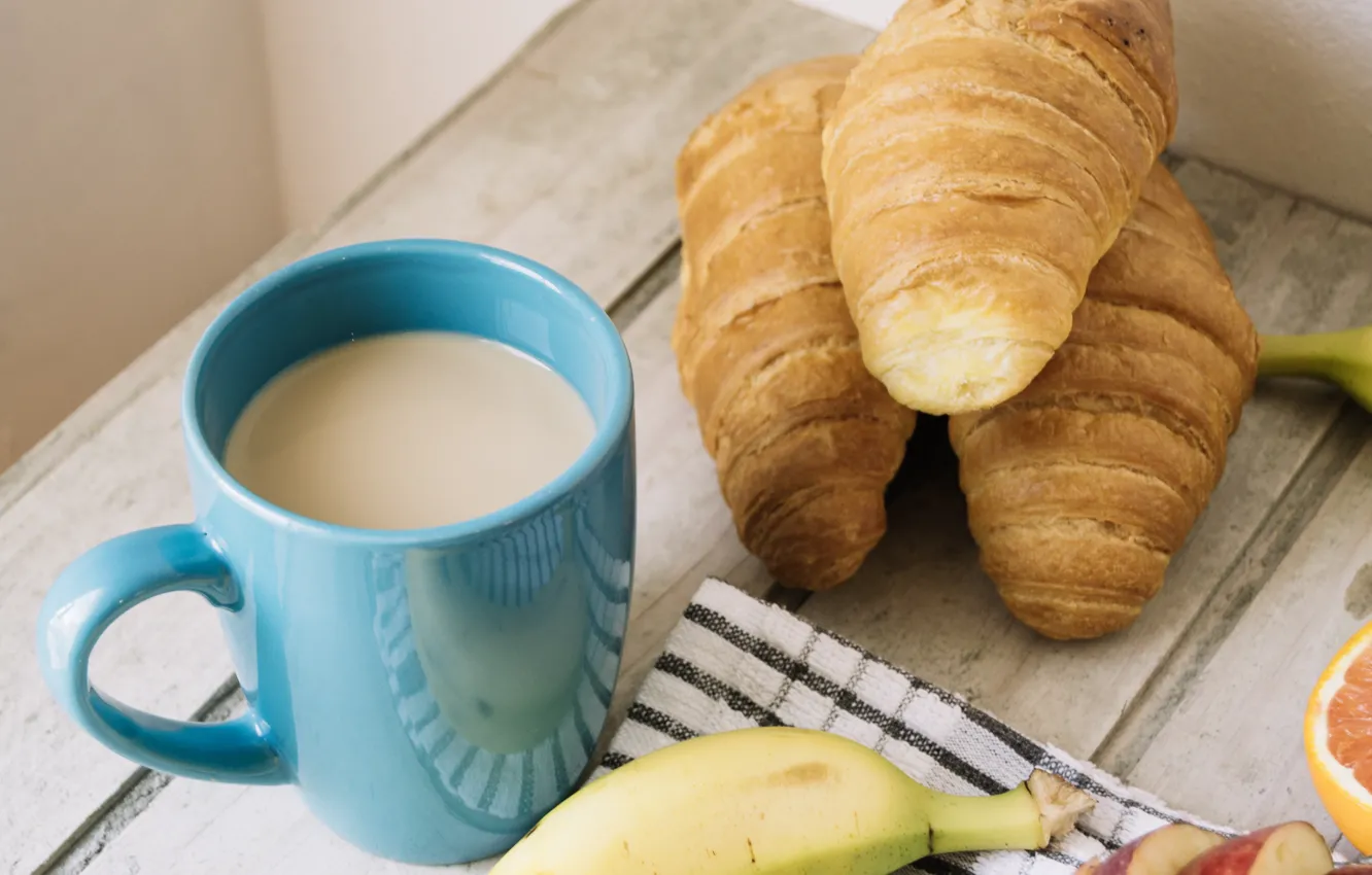 Photo wallpaper Breakfast, banana, cocoa, croissant