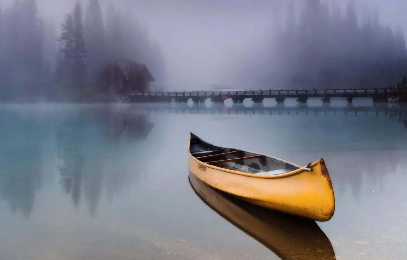 Photo wallpaper river, landscape, bridge, water, boat, Canoe