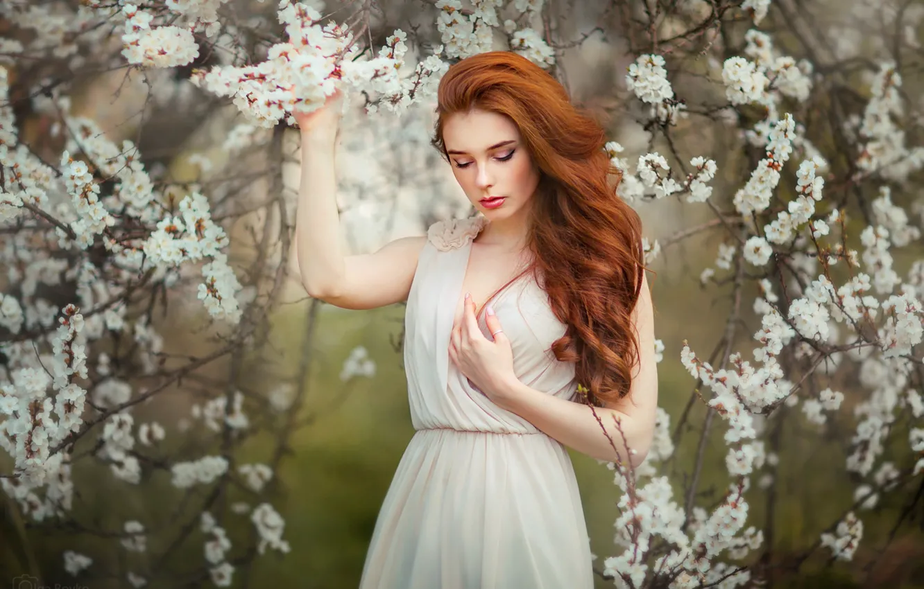 Photo wallpaper girl, branches, tree, mood, hair, spring, hands, garden