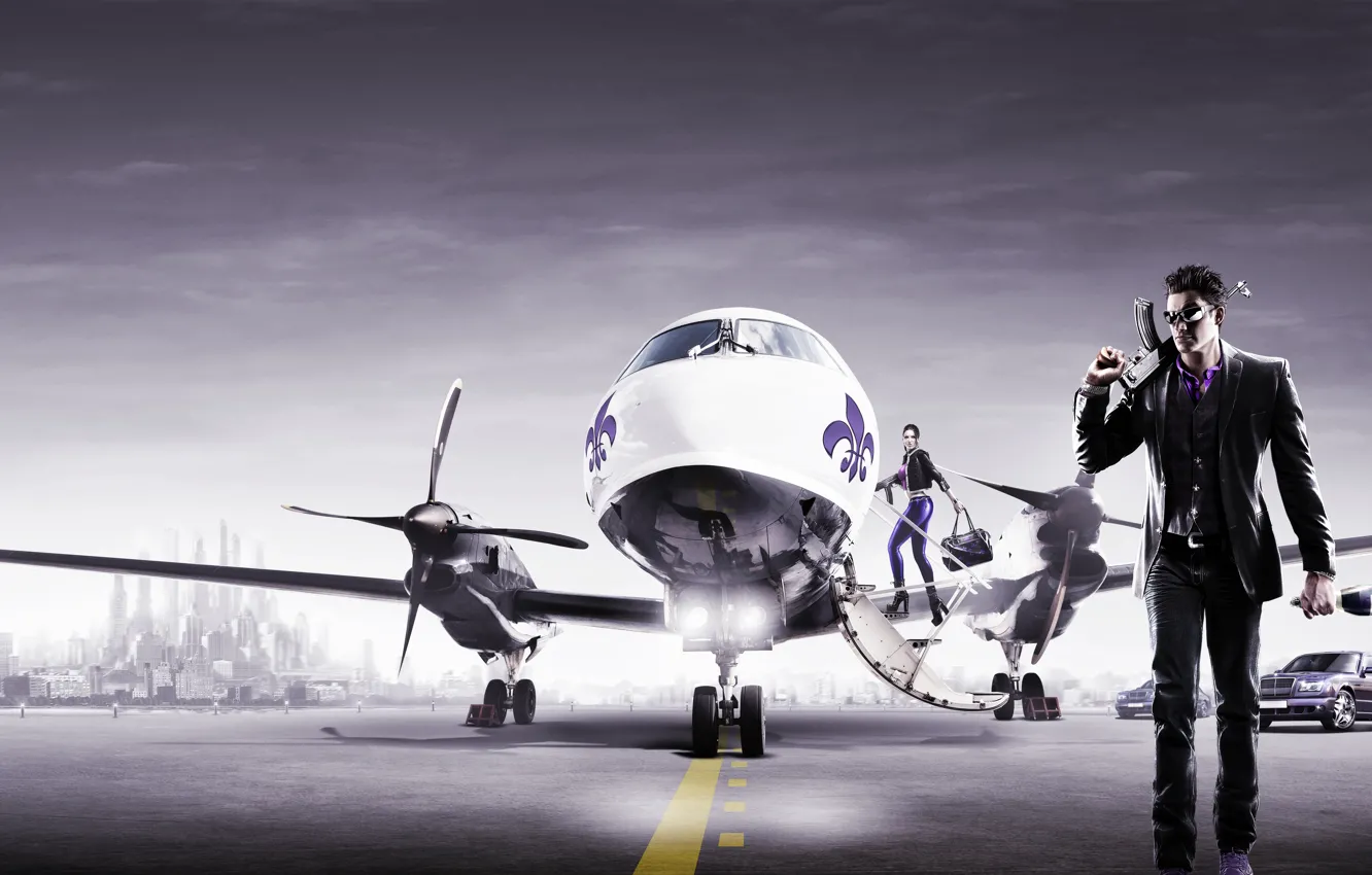 Photo wallpaper girl, weapons, the game, male, game, the plane, Johny Gat, Saints Row: The Third