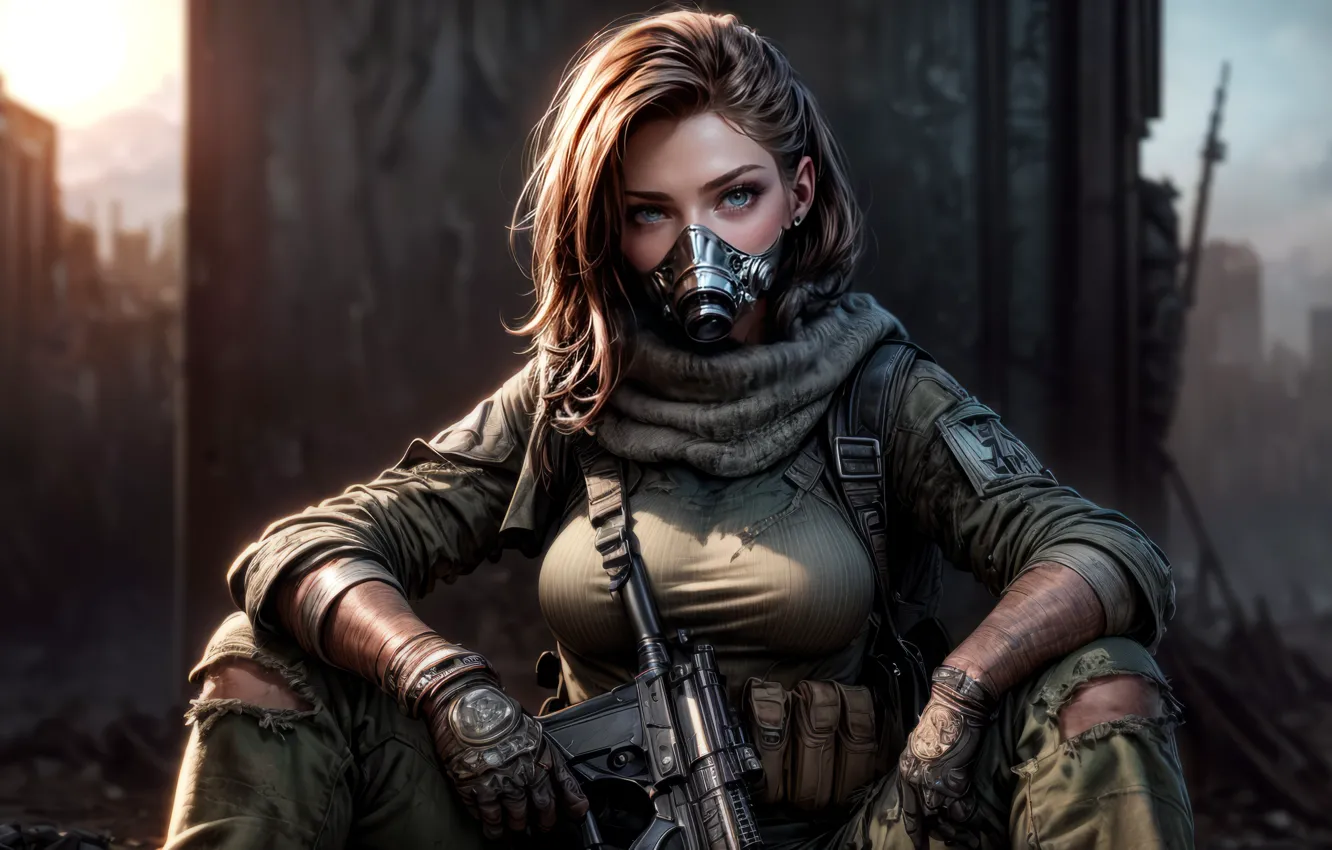 Photo wallpaper weapons, war, ruins, blue eyes, uniform, beautiful girl, big Breasts, bokeh
