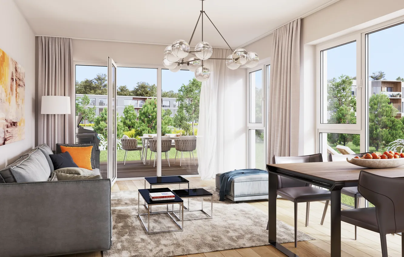 Photo wallpaper design, style, interior, dining room, living room with access to the terrace