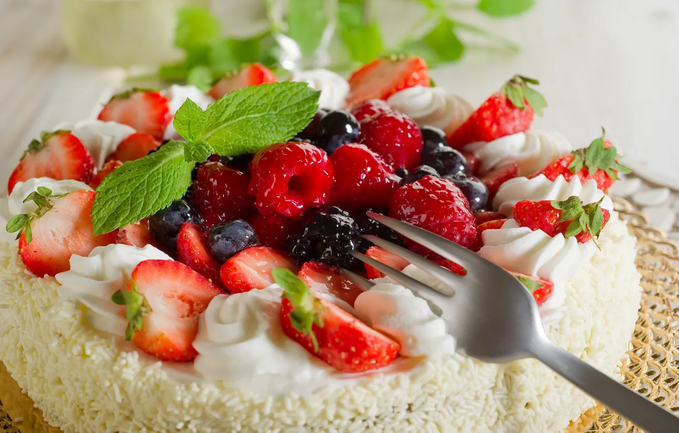 Photo wallpaper berries, raspberry, strawberry, cake, plug