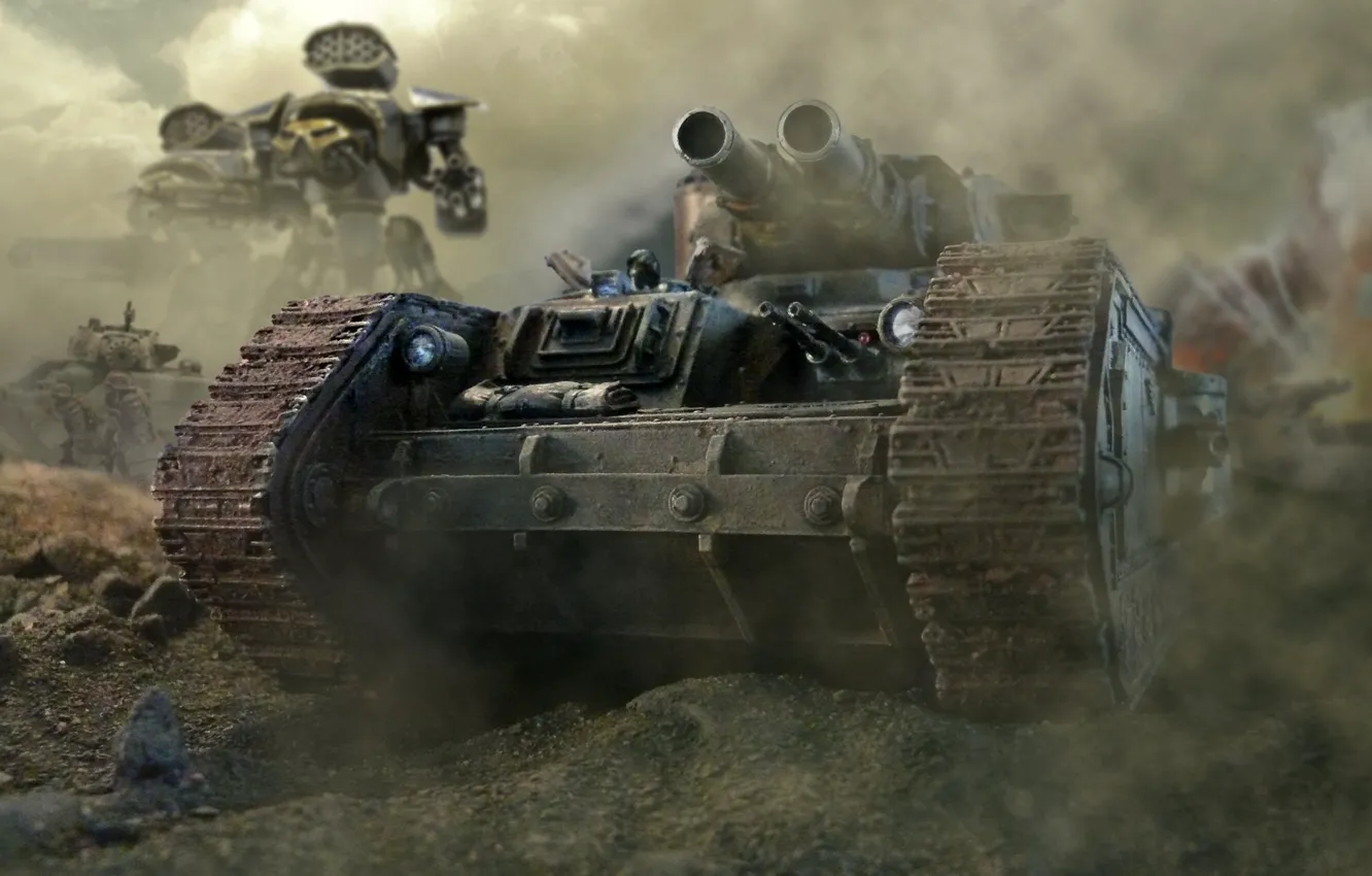 Photo wallpaper smoke, tank, trunk, armor, warhammer 40k, machine gun, guard, Leman Russ