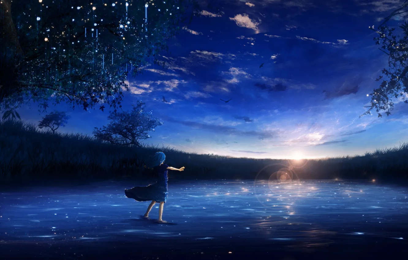 Photo wallpaper water, girl, sunset, nature, Y_Y
