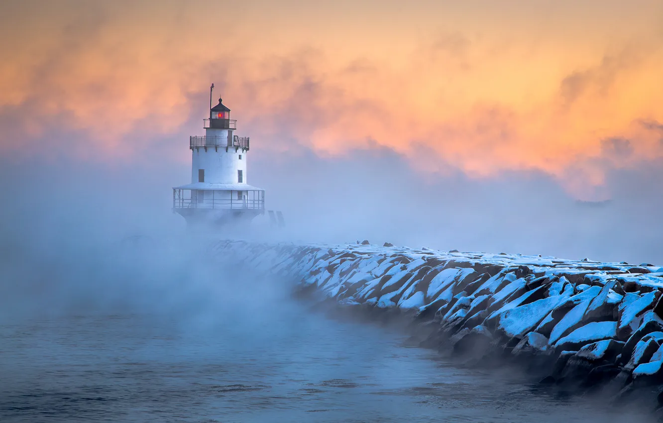 Photo wallpaper dawn, lighthouse, morning, frost, pierce, Maine, South Portland