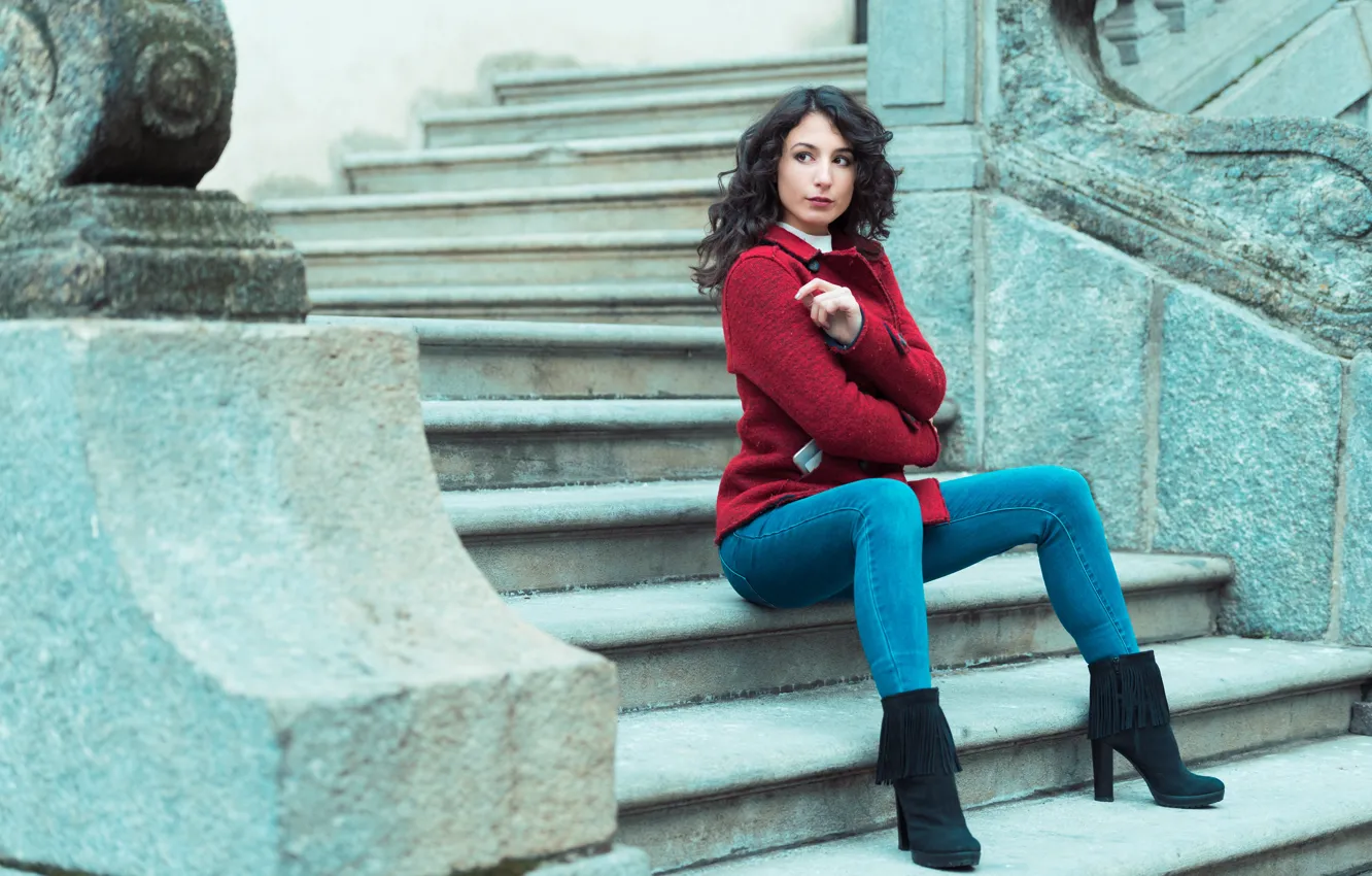 Photo wallpaper face, model, steps, legs, sitting, Alice