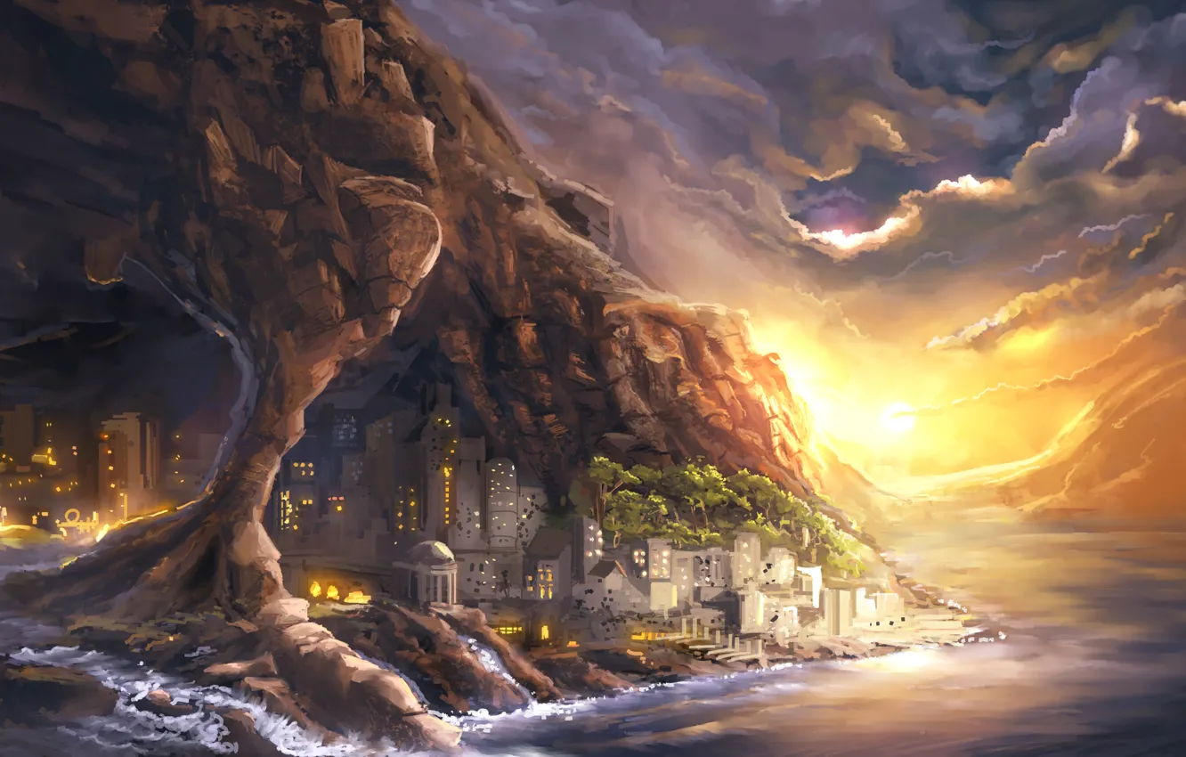 Photo wallpaper sea, the city, lights, river, rocks, coast, art, the grotto