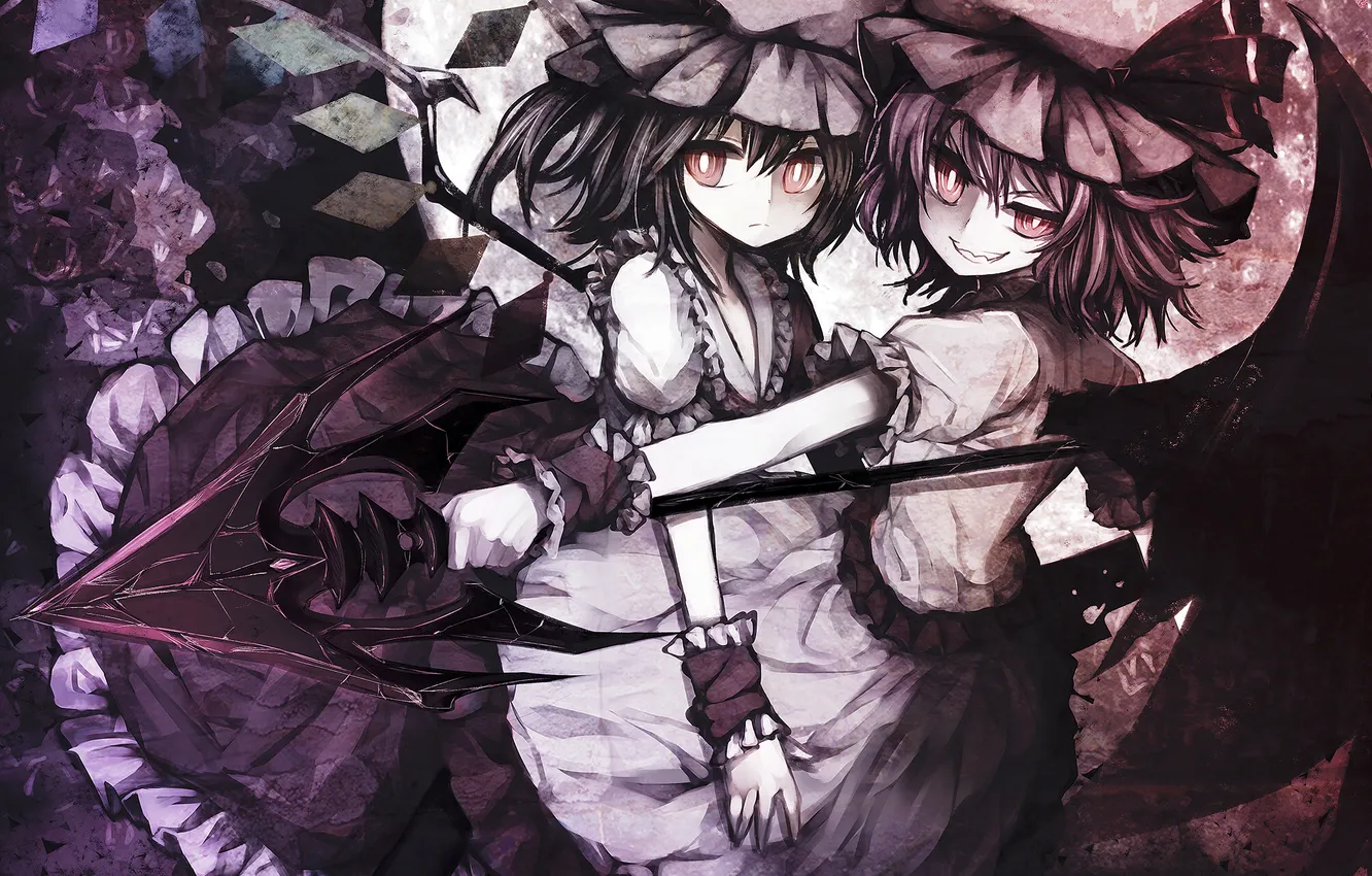Photo wallpaper girl, weapons, wings, art, crystals, spear, cap, touhou
