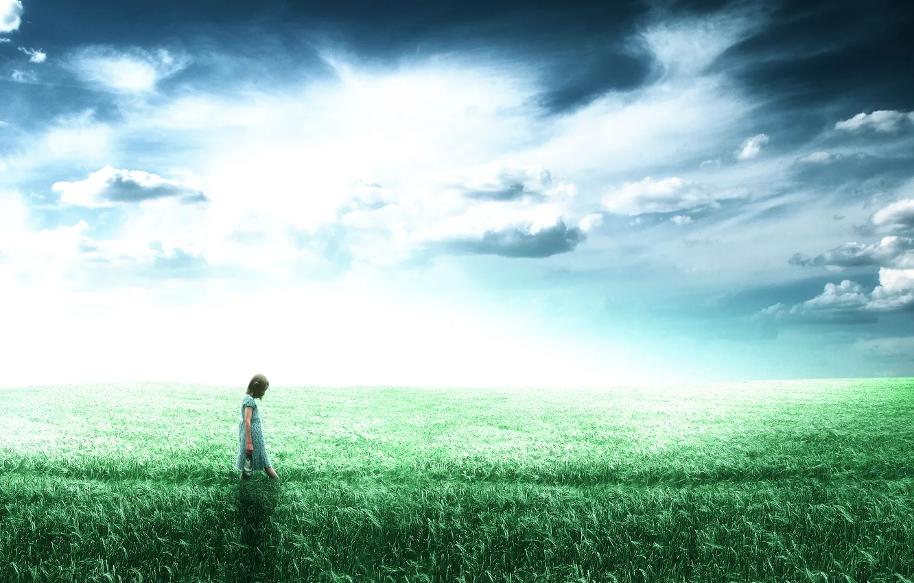 Photo wallpaper field, grass, clouds, girl