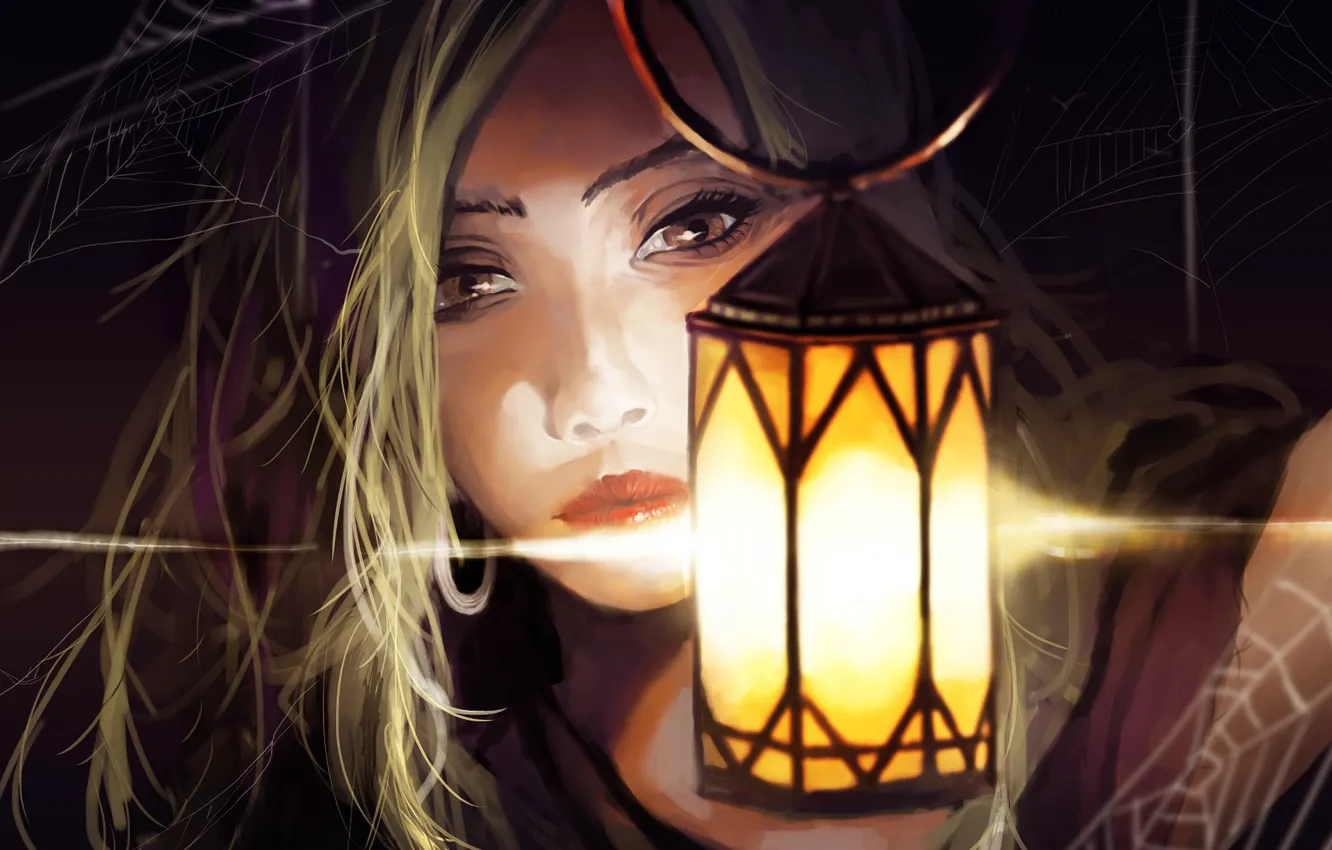 Photo wallpaper girl, close-up, web, lamp, digital painting