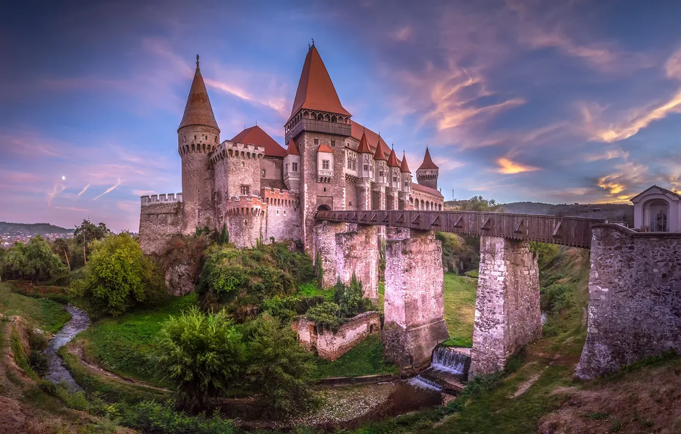 Photo wallpaper bridge, river, castle, Romania, Romania, Transylvania, Transylvania, Hunedoara