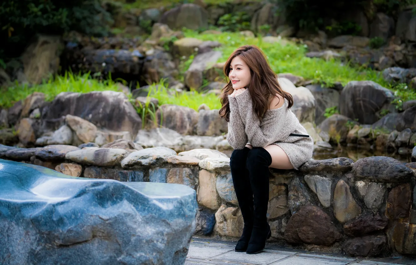 Photo wallpaper girl, stones, legs, Asian, sitting