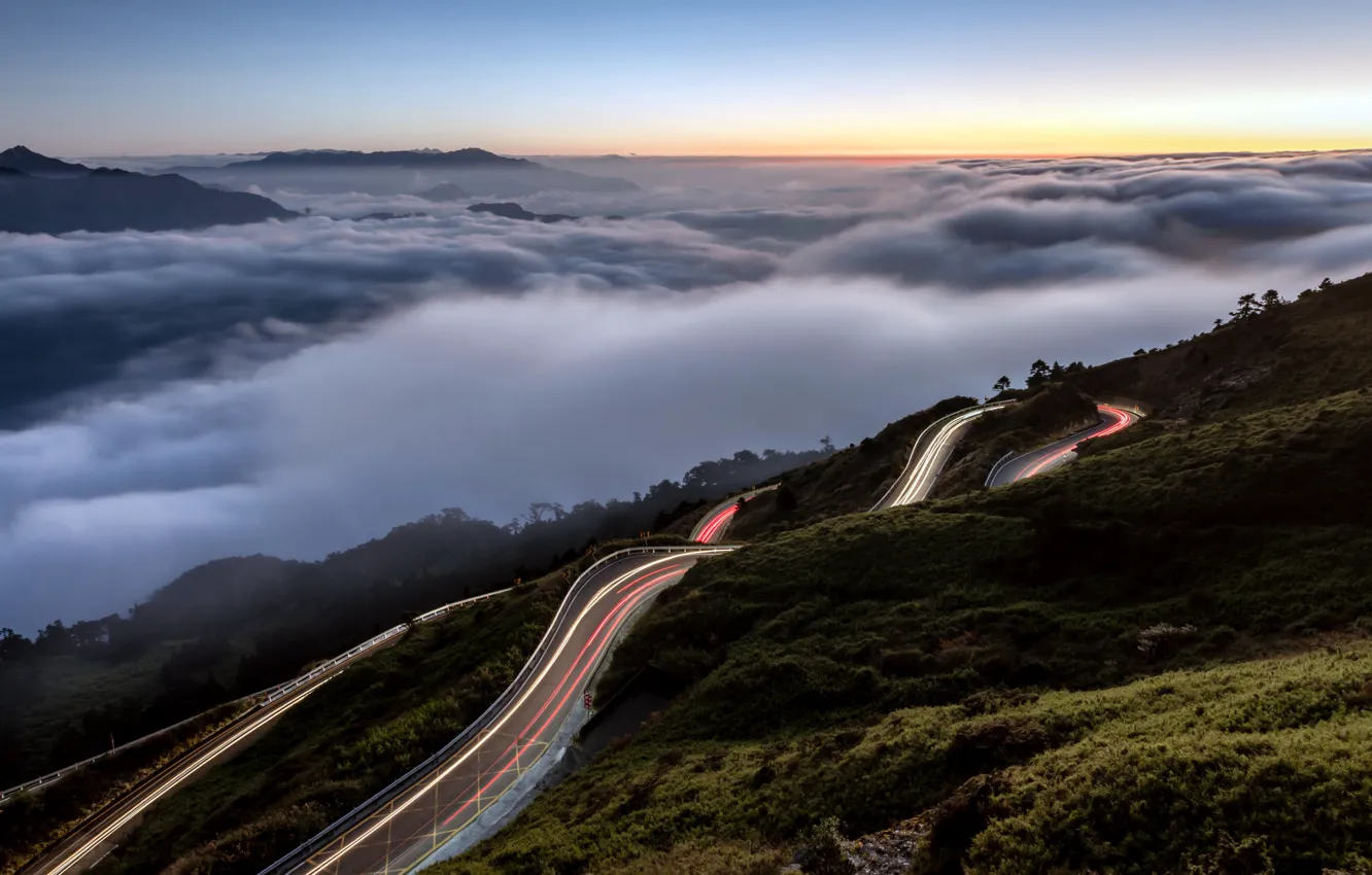 Photo wallpaper road, mountains, lights