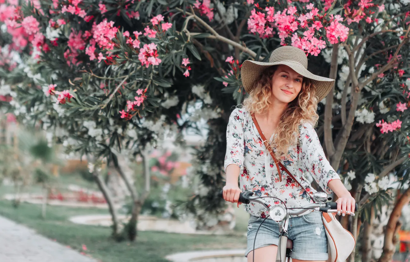 Photo wallpaper girl, bicycle, shorts, hat, beautiful, model, Denim, cute