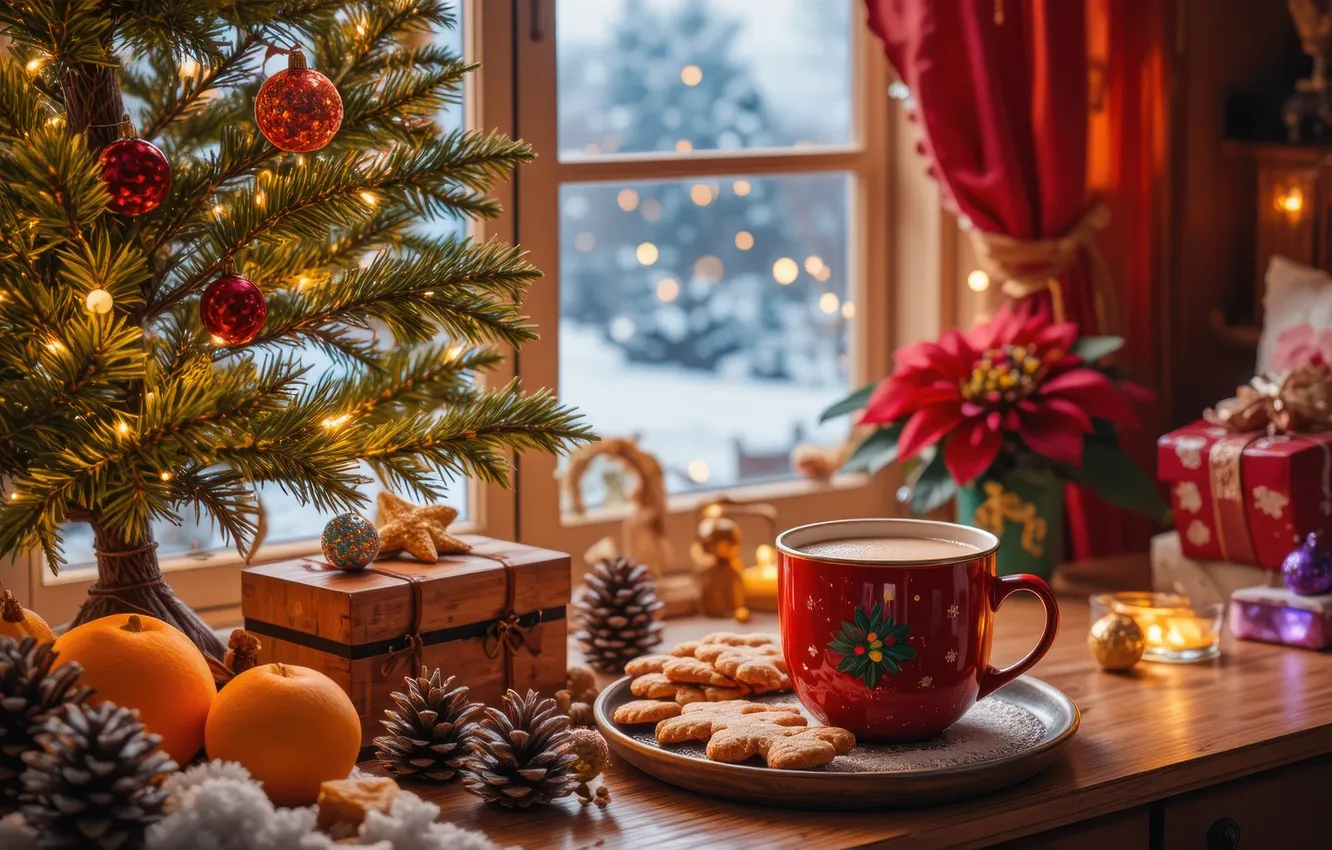 Photo wallpaper winter, balls, snow, branches, lights, table, new year, window